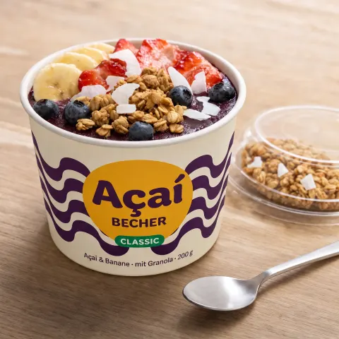Geöffneter Açaí Becher, belegt mit Bananenscheiben, Erdbeeren, Blaubeeren, Granola und Kokoschips