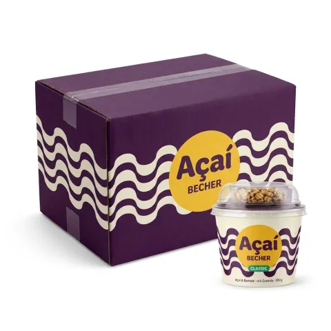 Geschlossene lila Versandbox von Açaí Becher mit einem Becher davor