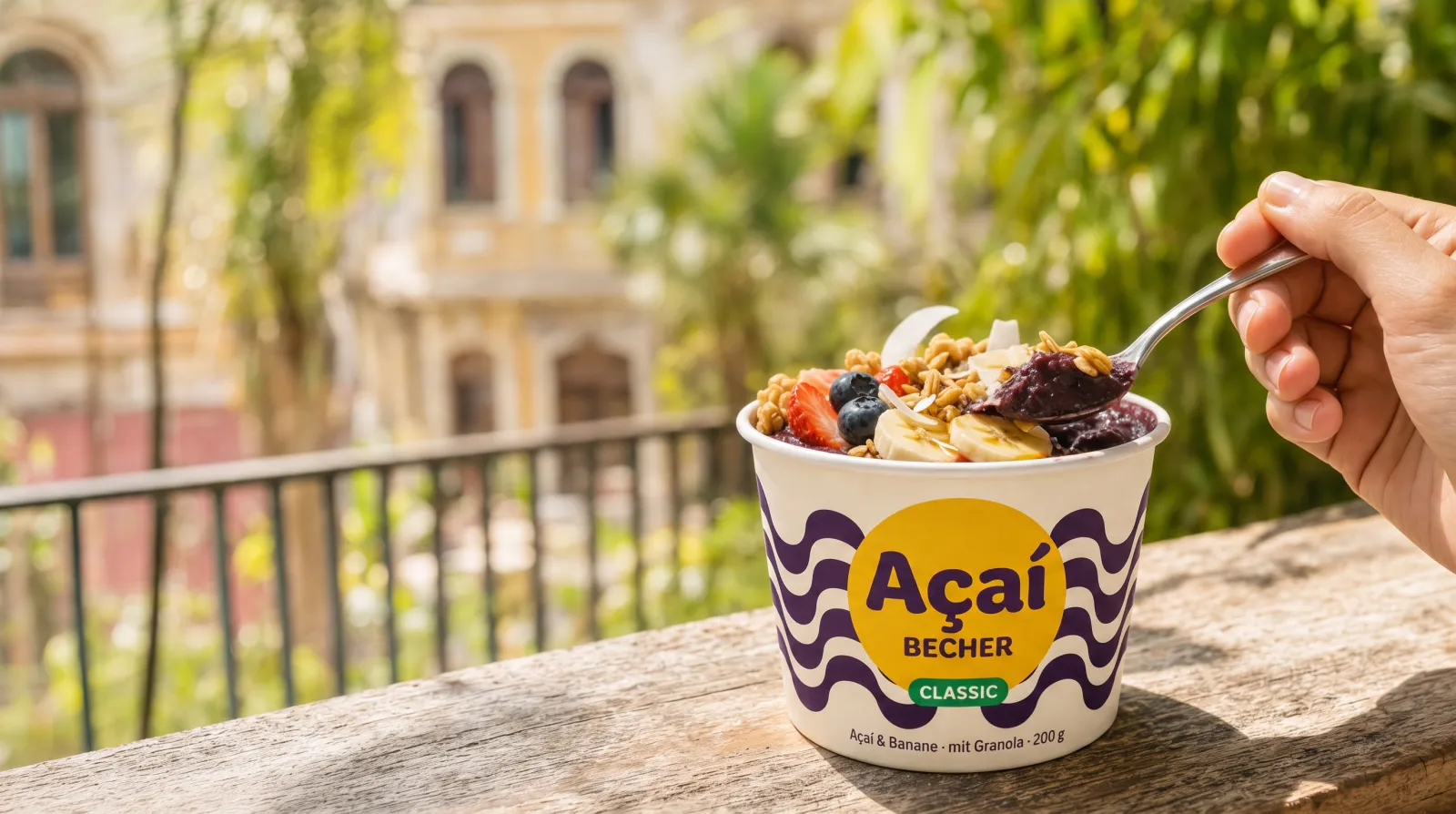 Geöffneter Açaí Becher mit Banane, Erdbeeren, Blaubeeren und Granola auf einem sonnigen Balkontisch, eine Hand mit Löffel