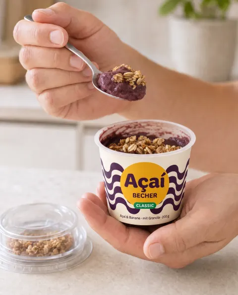 Hand hält einen Açaí Becher, die andere hebt einen Löffel Açaí mit Granola heraus