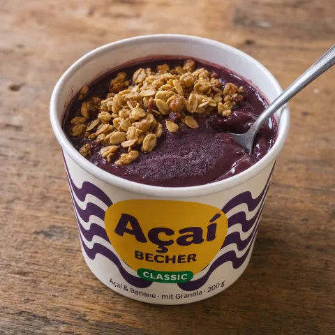 Nahaufnahme: Açaí wird am Becherrand cremig, Löffel und Granola obendrauf