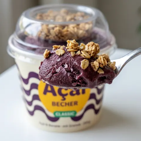 Nahaufnahme eines Löffels mit cremigem Açaí-Bananen-Sorbet und Granola
